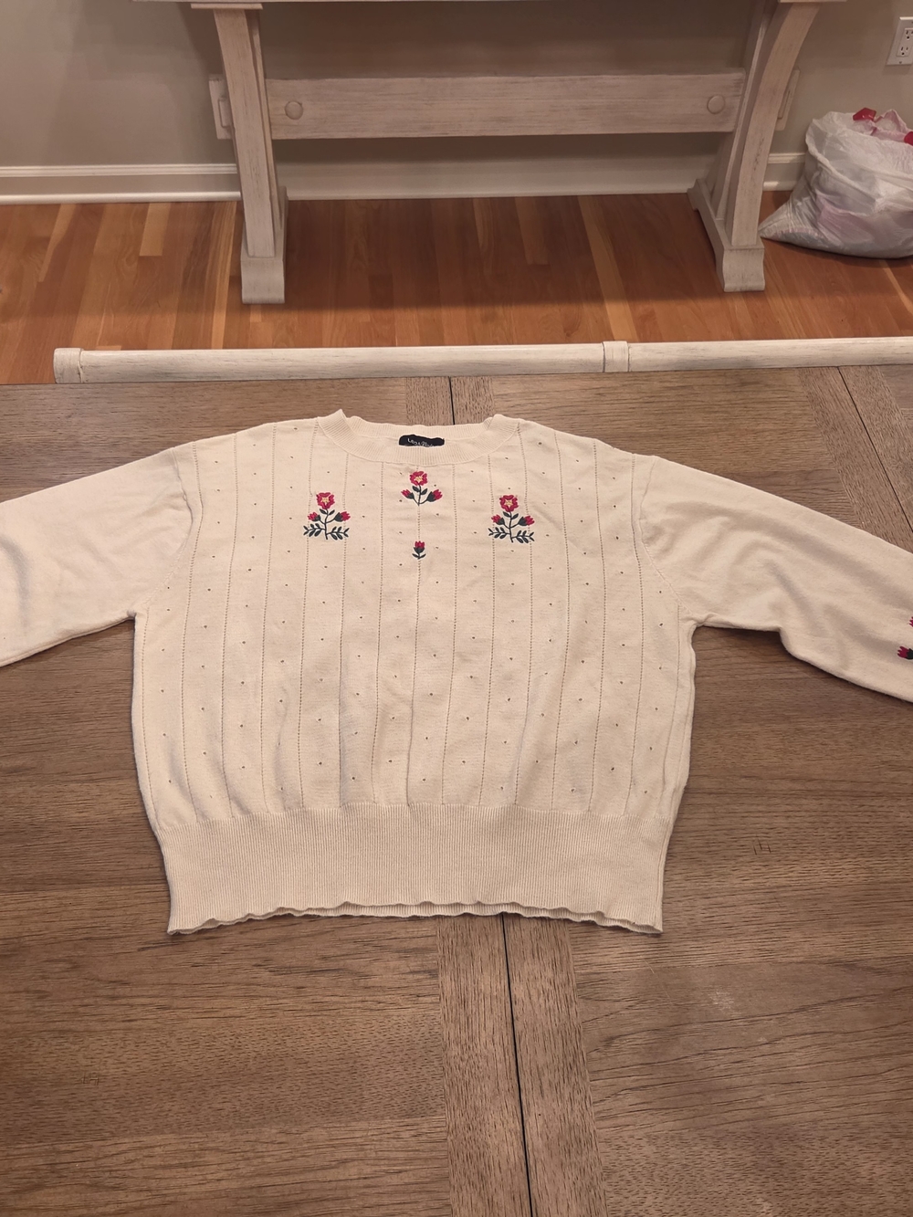 Lea & Viola Floral Embroidered Pointelle Knit Sweater - Size M